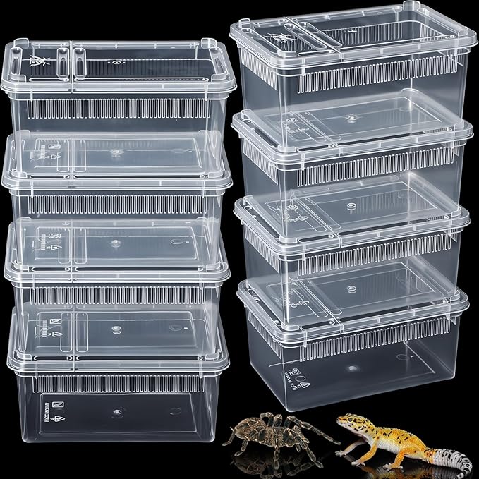 Irenare 8 Pcs Reptile Breeding Box Plastic Spider Terrarium Tarantula Feeding Box for Bearded Dragon Lizard Spider Gecko Scorpion(Vent Strips,Clear,5.9 x 3.9 x 2.5 Inch)