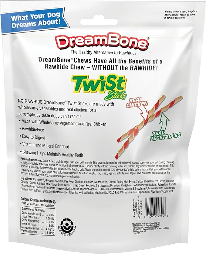 Dreambone Twist Sticks Rawhide Free Dog Chews, Made with Real Chicken, 100 Count (Pack of 1)