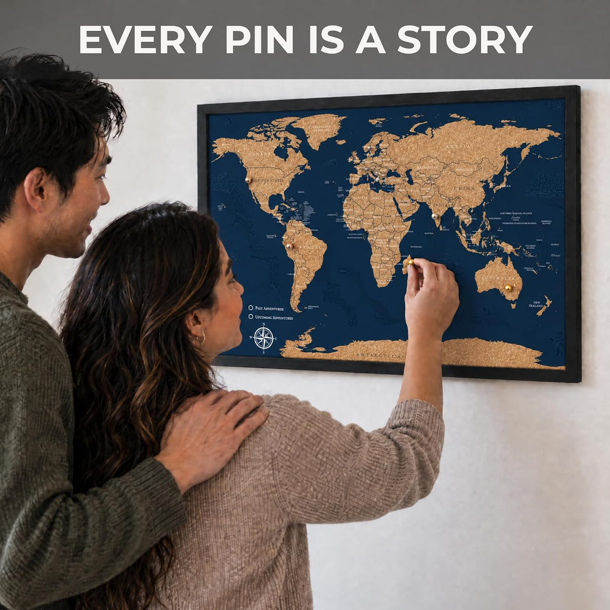 Large Push Pin World Travel Map – 30" x 20" Framed Cork Board Wall Art, Modern World Map with 200 Unique Pins for Tracking Adventures, A Premium Gift for Travelers, Couples and Families