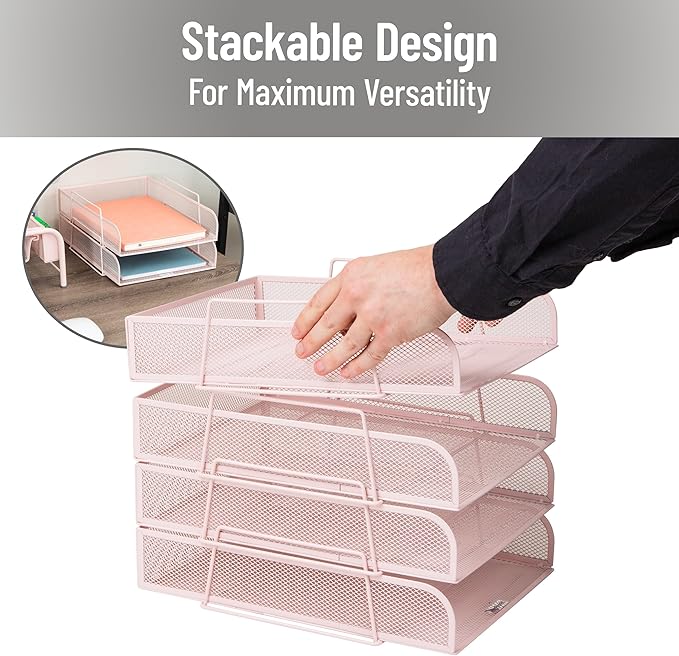 Mind Reader Stackable Paper Tray, Desktop Organizer, File Storage, Office, Metal Mesh, 10.5" L x 13.5" W x 11.25" H, 4 Pcs., Pink