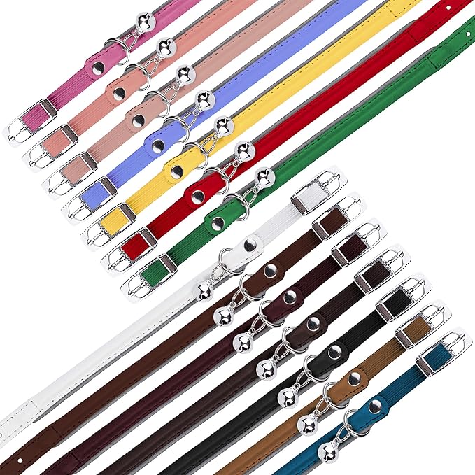 OOPSDOGGY Rolled Leather Cat Collar with Bell, Reflective Kitten Collars with Buckle Include Safety Elastic Strap - Adjustable Small Pet Collars for Boy Girl Cats (Brown)