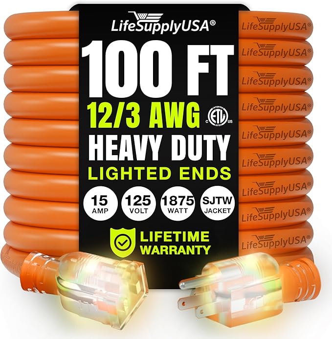 100ft Outdoor/Indoor Extension Cord 12/3 Gauge Extra Heavy Duty 3 Prong SJTW, Waterproof, ETL Listed, Flexible Cold-Resistant Long Power Cord,15A 125V 1875W, Orange by LifeSupplyUSA