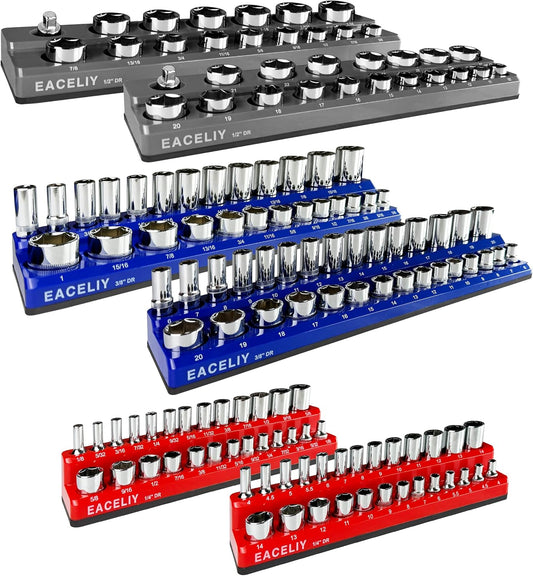 EACELIY Magnetic Socket Organizer Set SAE & Metric Deep & Shallow Socket Holder Kit, Socket Trays (sockets not included) (6PCS 3 COLOR))