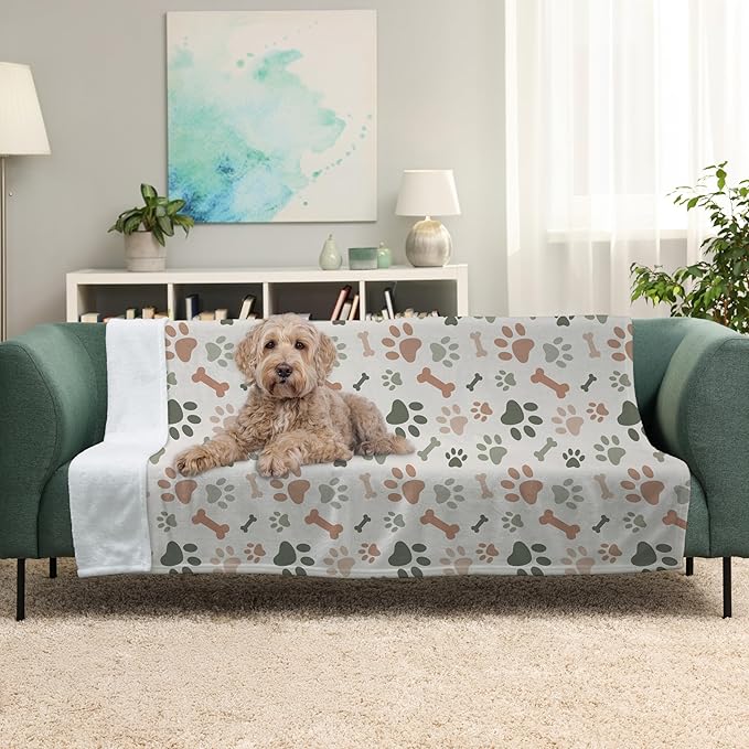 Cream Paw Print Fleece Pet Lightweight Blanket - 60" x 80" - Cute for Dogs - Gifts and Puppy Essentials - Printed in America