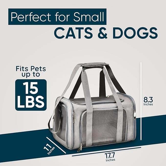 Pet Travel Carrier Bag – Airline Approved Soft-Sided Dog & Cat Carrier, Foldable, Breathable Mesh, Washable Pad – Fits Pets up to 15 lbs – The Pup Quartet (Grey)