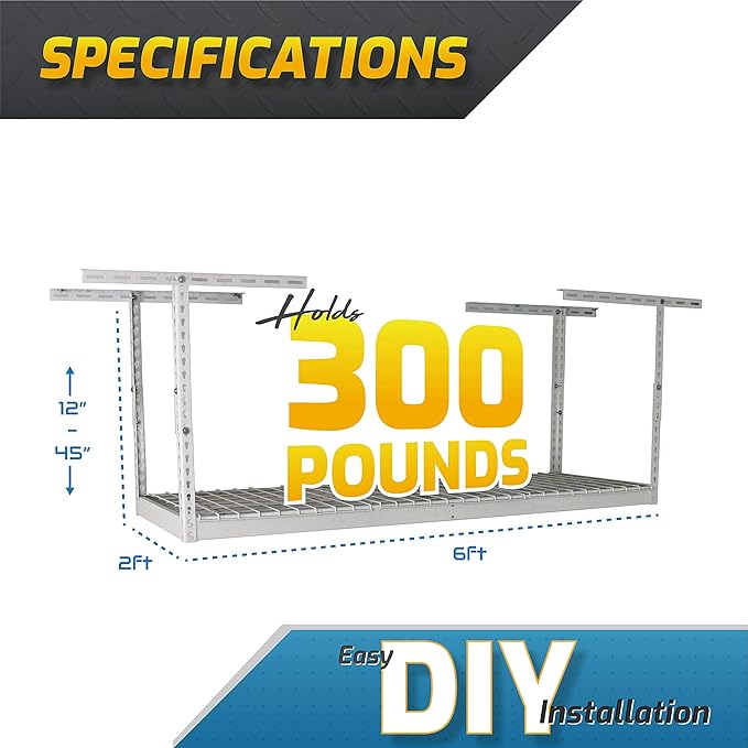 MonsterRax Overhead Garage Storage Rack 2 x 6 Ceiling Rack for Garage Shelving, Organization, & Storage, Adjustable Hanging Storage for Bikes, Equipment & Bins (White, 24"- 45" Ceiling Drop)