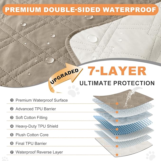 100% Waterproof Dog Couch Protector, Triple-Layer Waterproof Dog Bed Cover Pet Blanket Reversible 2-Tone Sofa Shield, Non-Slip Furniture Guard for Pets(68×82 Inch, Khaki+Off White)