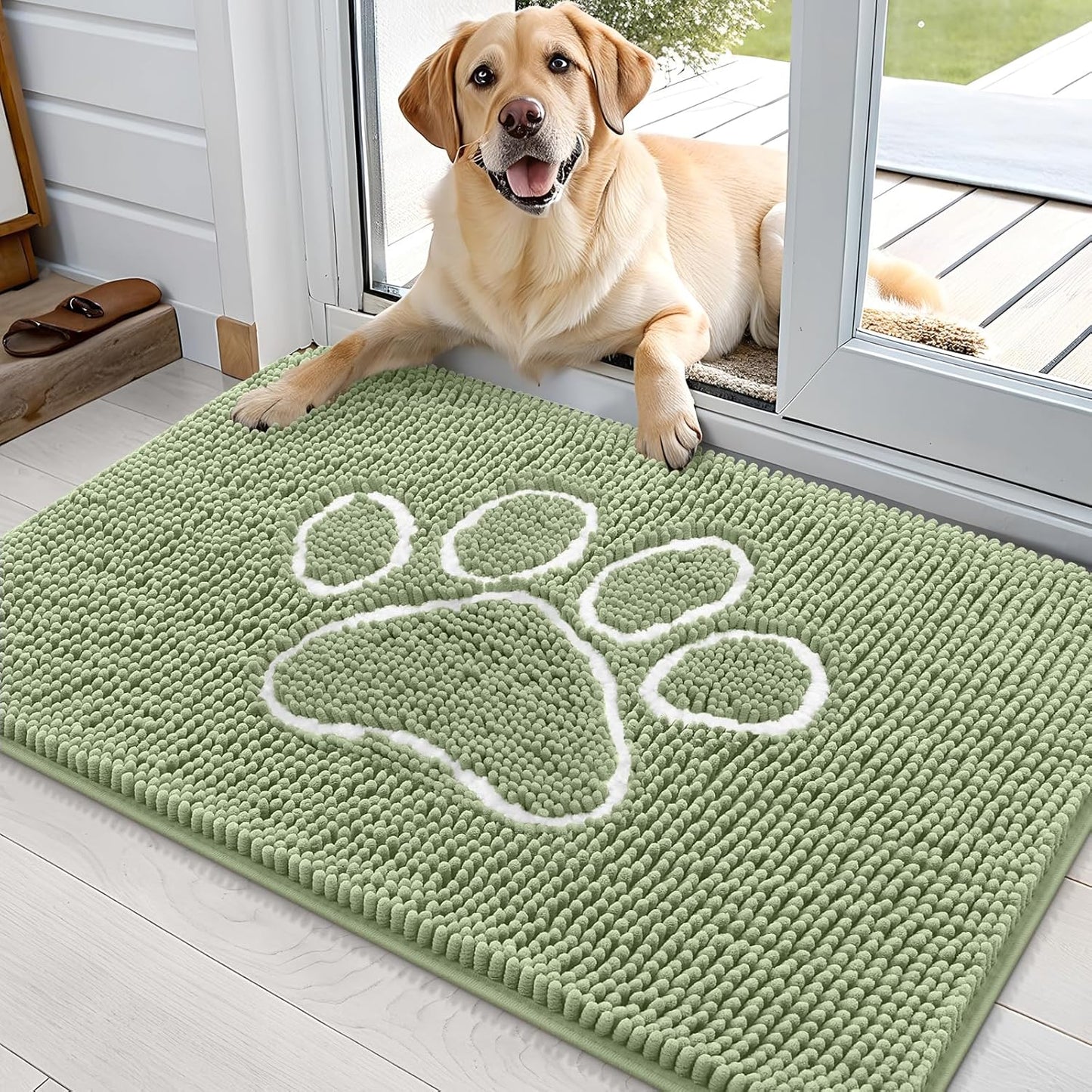 OLANLY Door Mat for Muddy Dog Paws 36x24, Ultra Absorbent Chenille Mud Doormat with Paw Print Design, Non-Slip Washable Doormat for Indoor Entryway, Quick-Dry Pet Bed Mats for Dirty Dogs, Sage Green