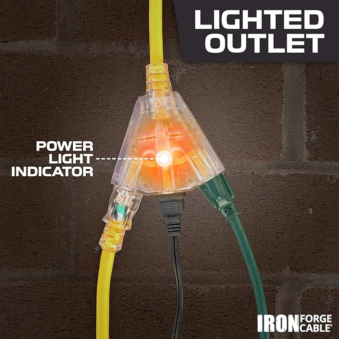 Iron Forge Cable 2 Foot Lighted Outdoor Extension Cord with 3 Outlets - 12/3 SJTW Heavy Duty Yellow Extension Cable 3 Prong - Multiple Outlets