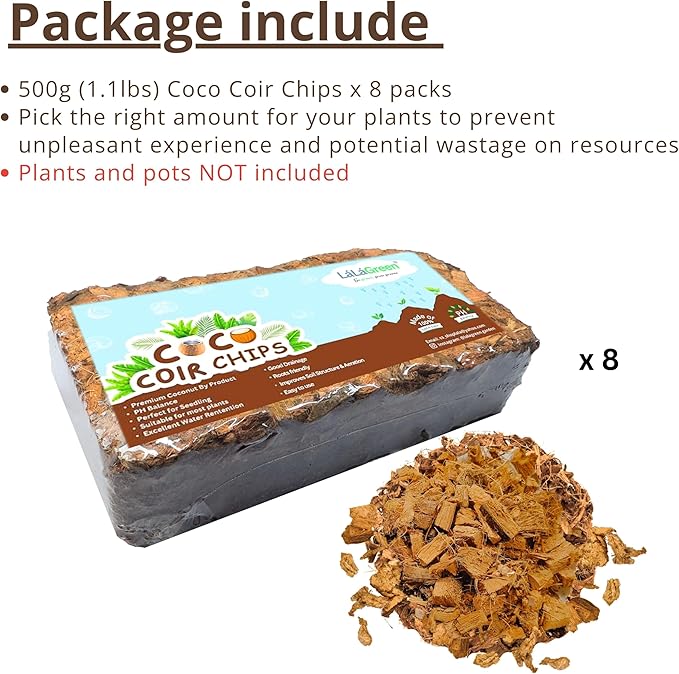 LaLaGreen Coconut Coir Chips for Plants (500g, 8 Pack) Indoor Herb Garden Seedling and Plant, Outdoor Planting Soil Vegetable Flower Orchids, Organic Compressed Coco Fiber Husk Chips Brick Peat Moss