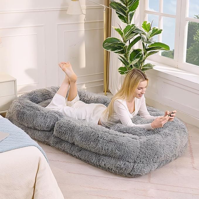 Gray Foldable Human Dog Bed - 69"x35"x12" Fits You & Pets with Comfy Pillow, Washable Faux Fur, Oversized Lounger Lazy Sofa Beds with 5 Adjustable Position