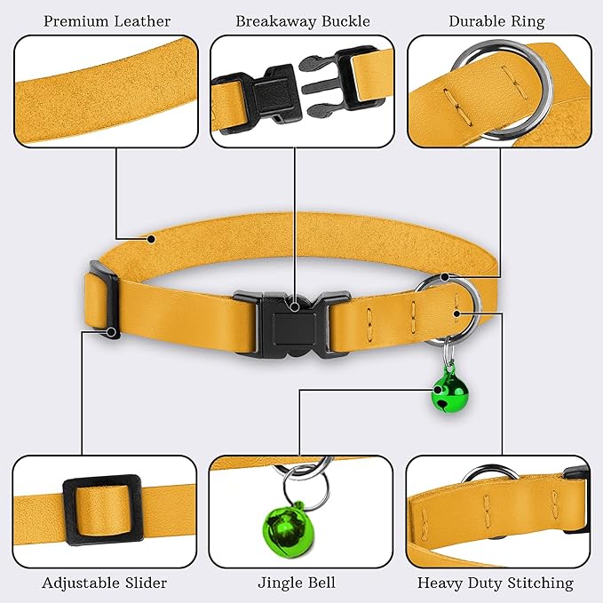 Breakaway Cat Collar with Bell - Leather Adjustable Kitten Collars with Safety Quick Release Buckle - Soft Small Pet Collars for Girl & Boy Cats (Yellow)