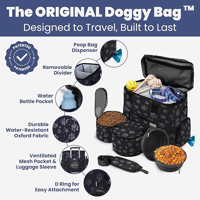 The Original Doggy Bag™ - Complete Dog Travel Bag for Supplies with 2 BPA-Free Travel Dog Bowls & 2 Pet Food Containers - Traveling Kit for Road Trips, Camping, Weekend Away or Doggy Gift: Paw Print