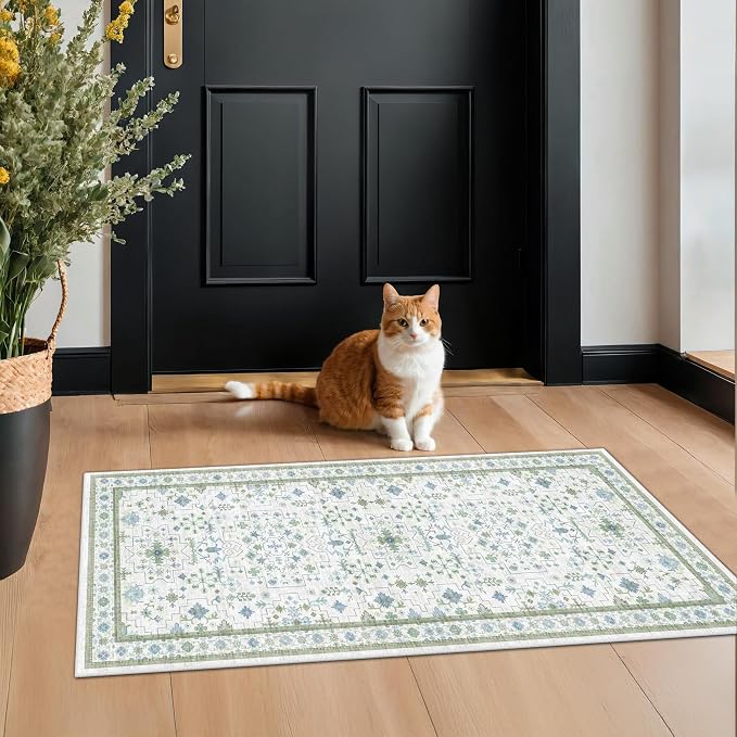 Cream Green and Blue 2x4 Boho Bathroom Rug