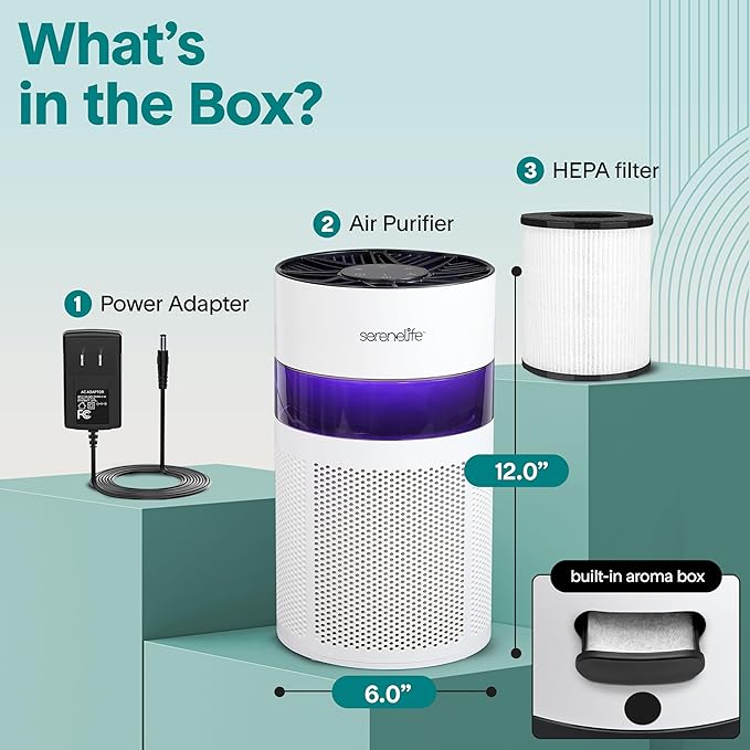 SereneLife Portable Air Purifier - Small Air Purifier with Aroma Box & Ambient Light, High Filtration Efficiency, 2-Speed, Timer & Sleep Mode, Filter Change Reminder, 6 x 6 x 12 in. (White)