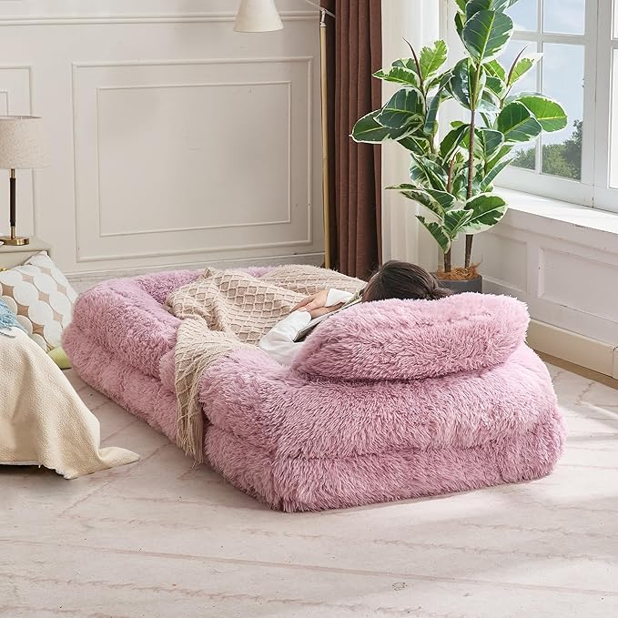 WDYLWFHWPink Foldable Human Dog Bed - 69"x35"x12" Fits You & Pets with Comfy Pillow, Washable Faux Fur, Oversized Lounger Lazy Sofa Beds with 5 Adjustable Position