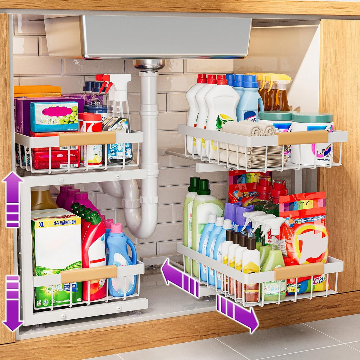 ADBIU Adjustable Under Sink Organizer, 2-Tier Pull-Out, 2-Pack, White