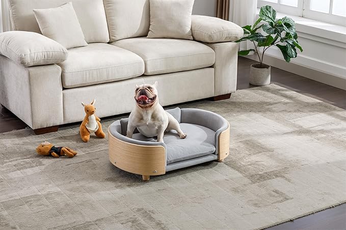 Dog Crate Furniture Elevated Pet Sofa Bed with Solid Wood Legs - Mid Size Indoor Dog House Kennel Cage for Medium Dogs,LIGHTGREY
