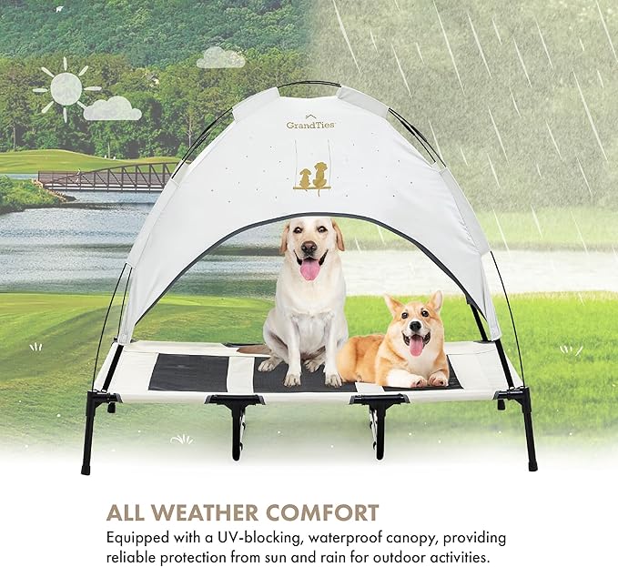 GrandTies Cooling Elevated Dog Bed with Canopy – XL Portable Pet Cot for Outdoor & Indoor Use – Waterproof Removable Shade, Breathable Mesh, Slip-Resistant Feet, Easy Assembly – Ivory White