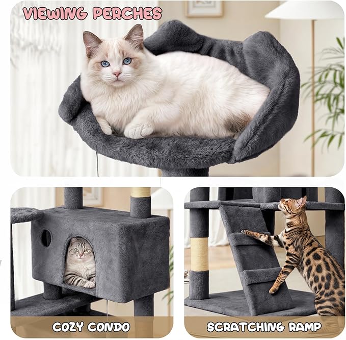 MoNiBloom 60 Inch Cat Tree Tower for Indoor Cats Large Adults, Cat Tower with Scratching Post, Multi-Level Furniture Activity Center with Cat Condo Pet Play House, Smoky Grey