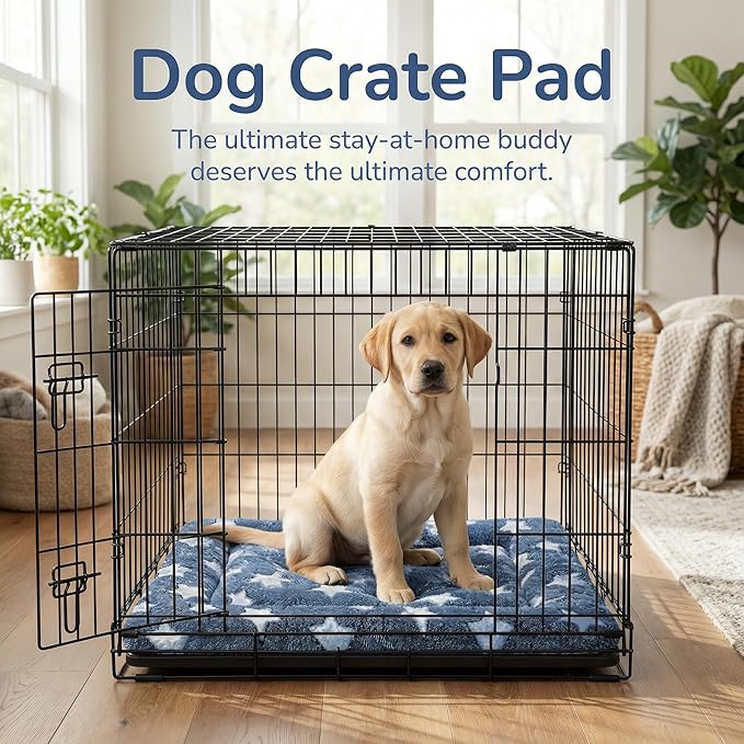 Dog Bed Mat - Reversible Dog Crate Bed Mats, Soft & Breathable Kennel Pad, Durable Crate Bed for Small Dogs & Cats (Navy&Stars, L(35"*23"*1.2"))