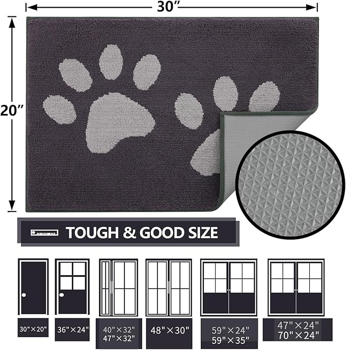 Buganda Dog Door Mat for Muddy Paws, Absorbent Dirt Trapper Washable Indoor Doormats, Non Slip Low-Profile Mud Mat for Dogs, Front Entrance Doormat for Inside Floor (40x32 Inches, Dark Grey)