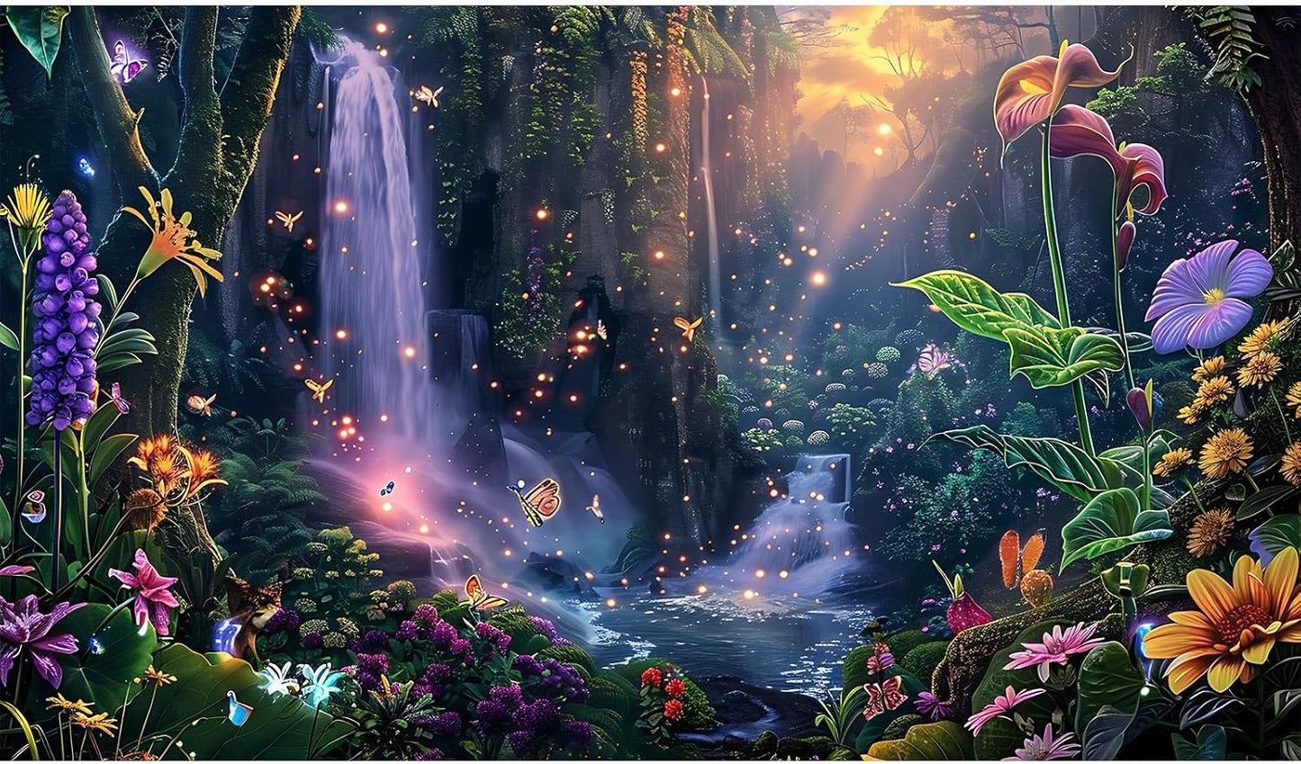Fantasy Garden Aquarium Background Sunset Waterfall and Flowers Terrarium Backdrop Tropical Forest Lush Plant Magic Butterfly Lights Flowers Fish Tank Background Poster Decorations 48x24in