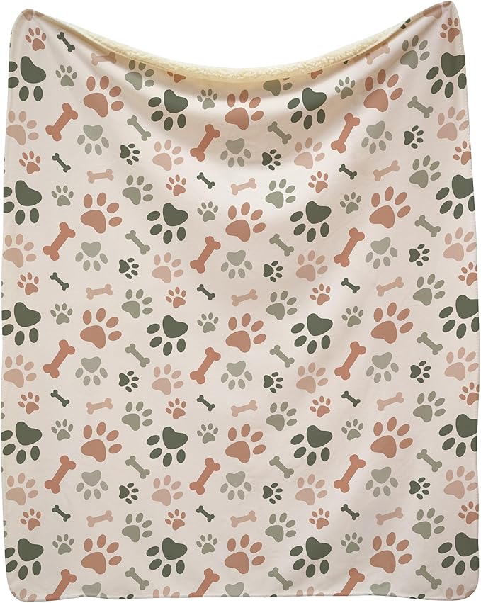 Cream Paw Print Sherpa Pet Lightweight Blanket - 50" x 60" - Fleece - Cute for Dogs - Gifts and Puppy Essentials - Printed in America