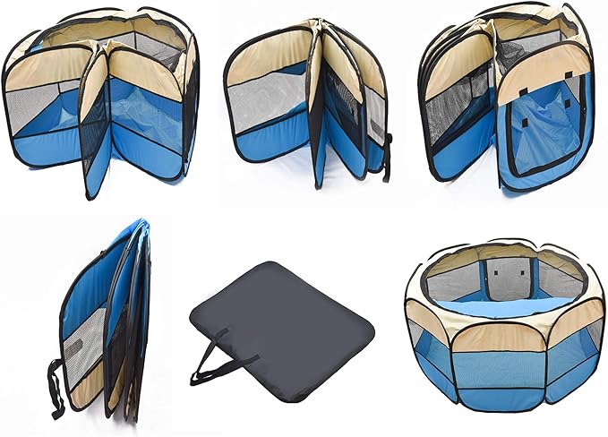 Portable Pet Playpen for Dogs and Cats,Pop Up Playpen for Small Middle Dogs Cats Pet Tent Playground,Indoor Outdoor,37x37x24,Blue/Black,1Pack