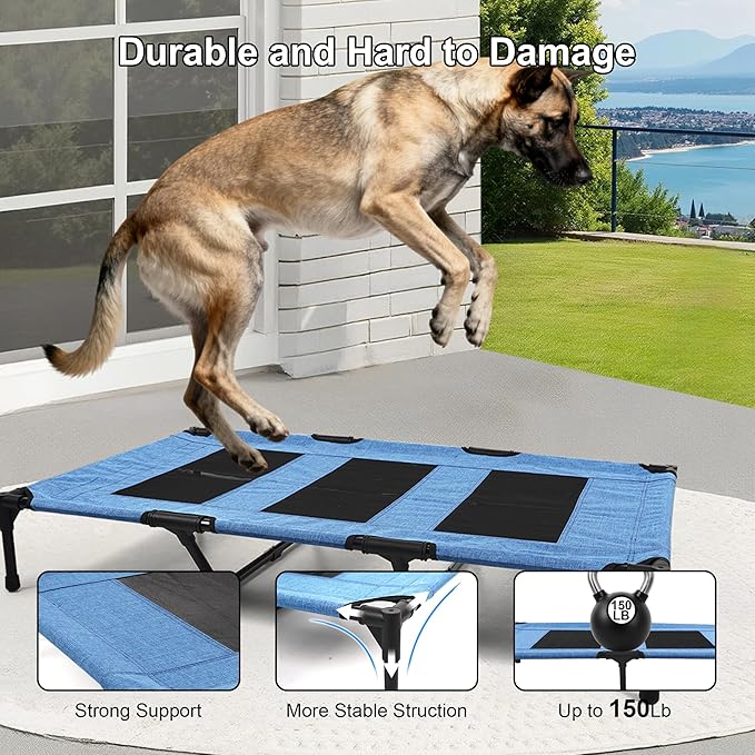 Raised Dog Bed Cooling Cot for Indoor Outdoor Use Portable Waterproof Mesh Pet Bed Washable for Large Medium Small Dogs, Blue