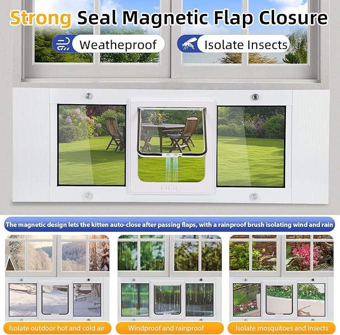 Full Size Cat Door Window Insert 27"-32" Various Sliding Windows, 4 Flexible Locking Modes, High-Definition, high-Transparency cat Door for Windows, Magnetic Reset Design