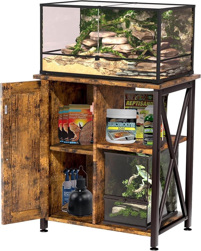45-67 Gallon Reptile Tank Stand with Power Outlet, Terrarium Stand with Storage Cabinet, 24" Wx18 D Tabletop, Reptile Terrarium, Rustic Brown PG12XYN