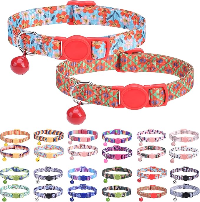 Breakaway Cat Collars for Girl Boy Cats, Fall Winter All Weather Cat Collar Personalized Pattern 2 Pack,Cute Classic Safety Buckles and Bells,Adjustable Printed Nylon Colorful Red