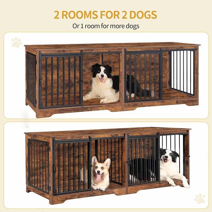 78" Dog Crate Furniture for 2 Dogs, Double Dog Cage with Divider, Wooden Heavy Duty Dogs Kennel, Pet Cage with Barn Door, TV Stand for Large Small Medium Dogs, Rustic Brown DFC83701BV1