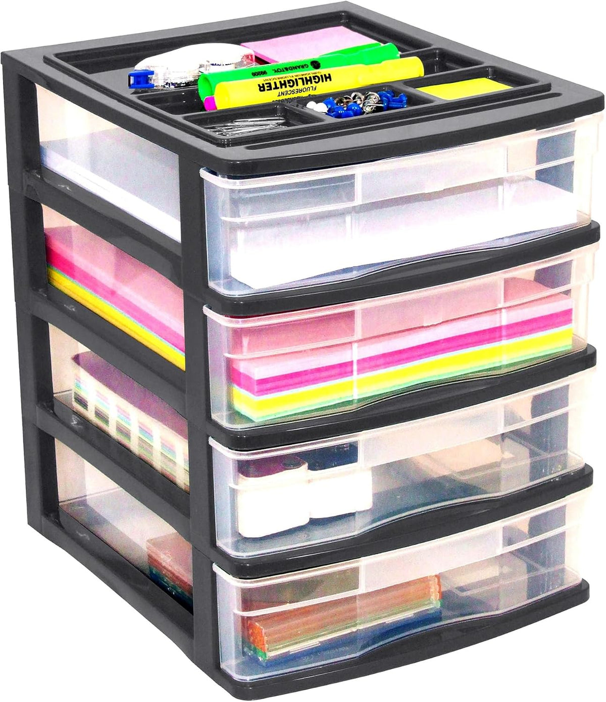 Gracious Living 4-Drawer Desktop Organizer with Tray Top, Black, 3-Pack