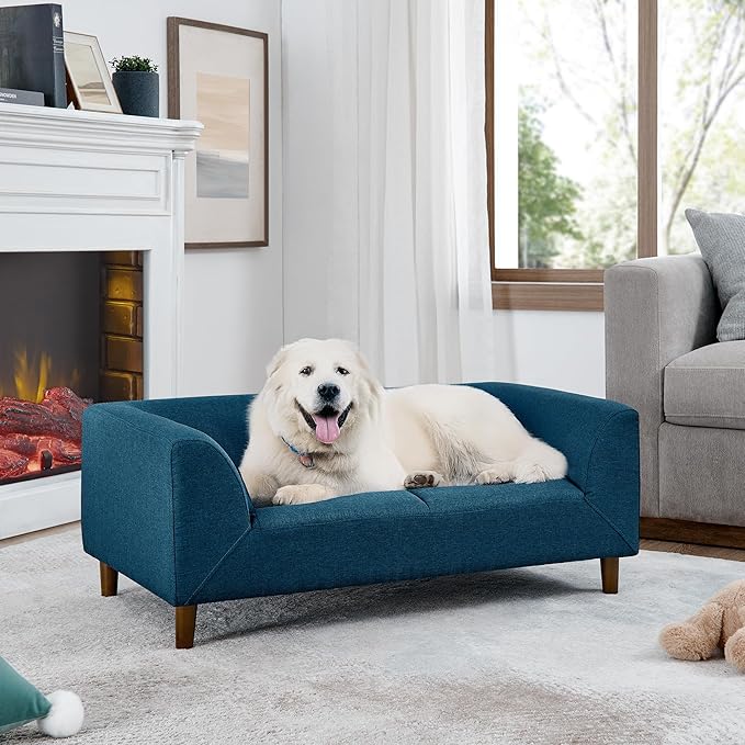 Modern Rectangular Pet Sofa with Backrest and Armrests - Comfortable Dog Couch for Medium and Large Dogs - Stylish and Functional Pet Furniture with Soft Cushion (Blue)