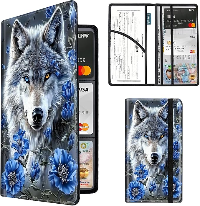 Car Registration and Insurance Holder,Leather Insurance License and Registration Card Holder for Car Glove Box, Auto Truck Document Holder Organizer for Men Women-White wolf with Blue Flowers
