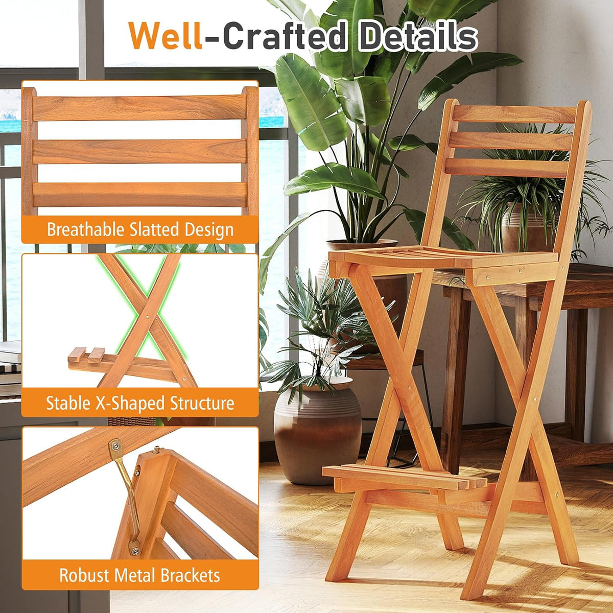 Tangkula Patio Folding Barstool Set of 2, Outdoor Portable High Top Acacia Wood Bar Height Chair with Backrest & Footrest,for Backyard, Garden, Front Porch
