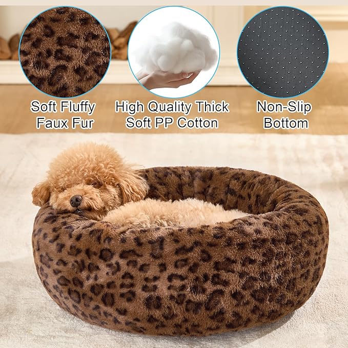 Dog Calming Beds for Small Medium Large Dogs - Round Donut Washable Puppy Dog Bed, Anti-Slip Faux Fur Fluffy Donut Cuddle Anxiety Cat Pet Bed (24" Leopard Print)