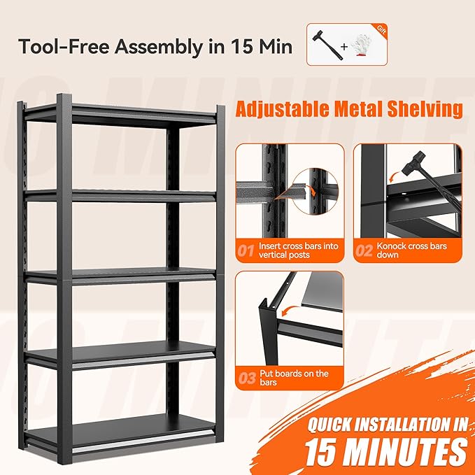 2500LBS Storage Shelves 5 Tier Garage Shelving Heavy Duty Adjustable Shelving Unit Metal Storage Rack for Basement, Pantry, Kitchen, Warehouse 15.8" D x 23.6" W x 63" H