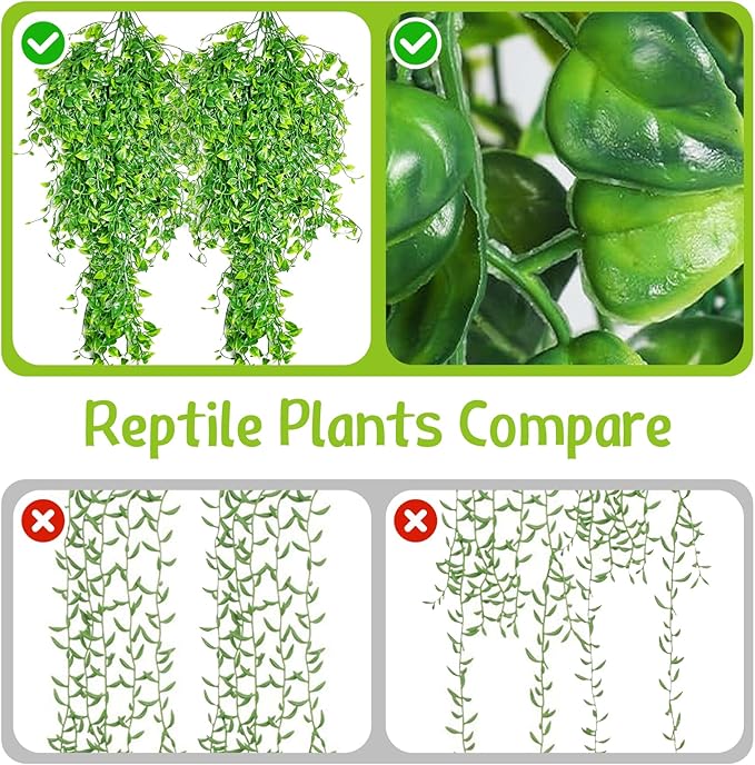 Hamiledyi Reptile Plants Tank Habitat Decorations 2 Pcs Artificial Leaves Habitat Decor with Suction Cup Fake Hanging Vines for Bearded Dragon, Leopard Gecko, Lizard, Chameleon, Snake