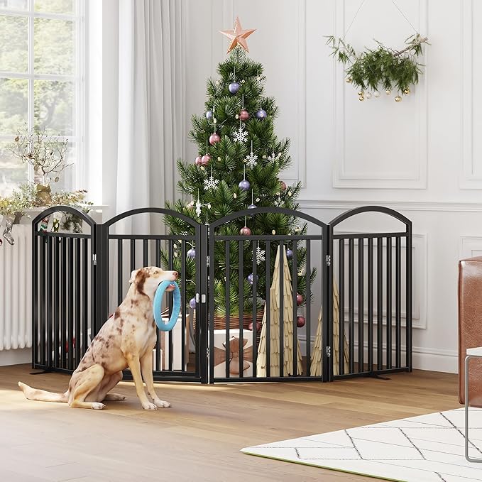 Folding No-Assembly Freestanding Dog Gate with Door,32" Heights Foldable Pet Fence,96" Extra Wide Accordion Puppy Folding Playpen for Doorways,House,Stairs (4 Panels,Black)