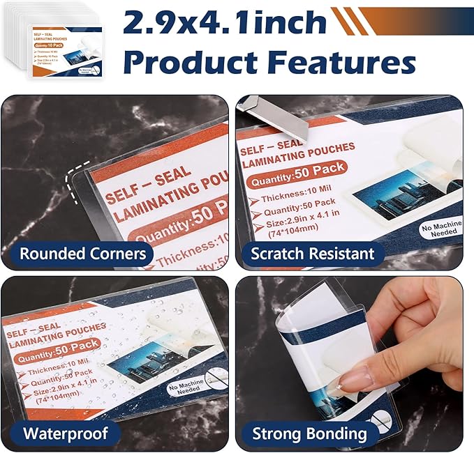 25 Pack 10 Mil 2.9"x4.1" Self Sealing Laminating Pouches Plastic Laminating Sheets Business Card Size Clear Lamination Paper for Office School Home Supplies（Waterproof & No Laminator Need)