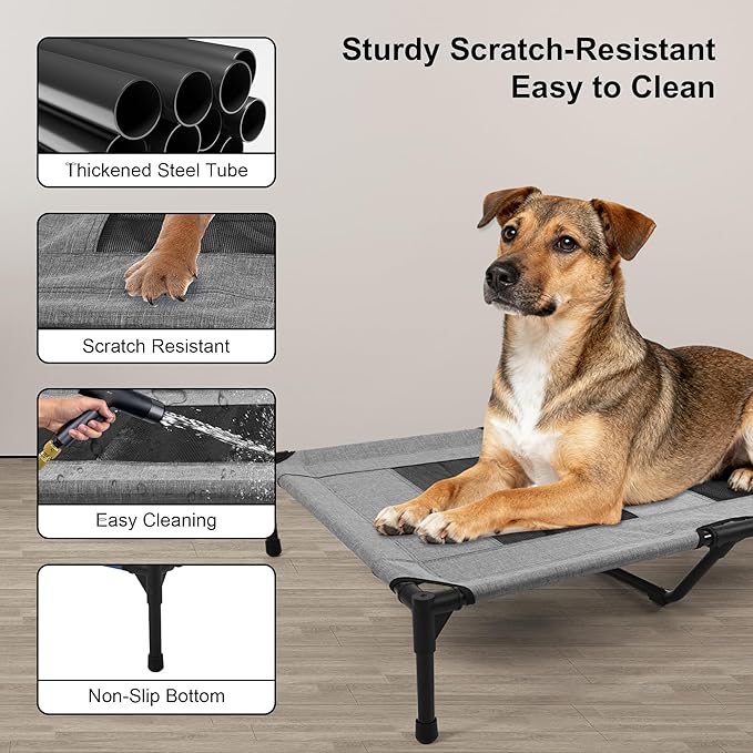 Raised Dog Bed Cooling Cot for Indoor Outdoor Use Portable Waterproof Mesh Pet Bed Washable for Large Medium Small Dogs, Grey
