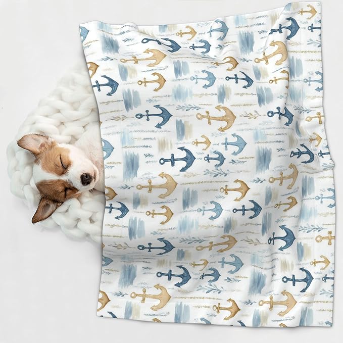 Waterproof Dog Blanket Soft Pet Blanket for Puppy Cat, Fleece Cat Throw Blankets for Furniture Bed Couch Sofa Reversible - Nautical Anchors 1