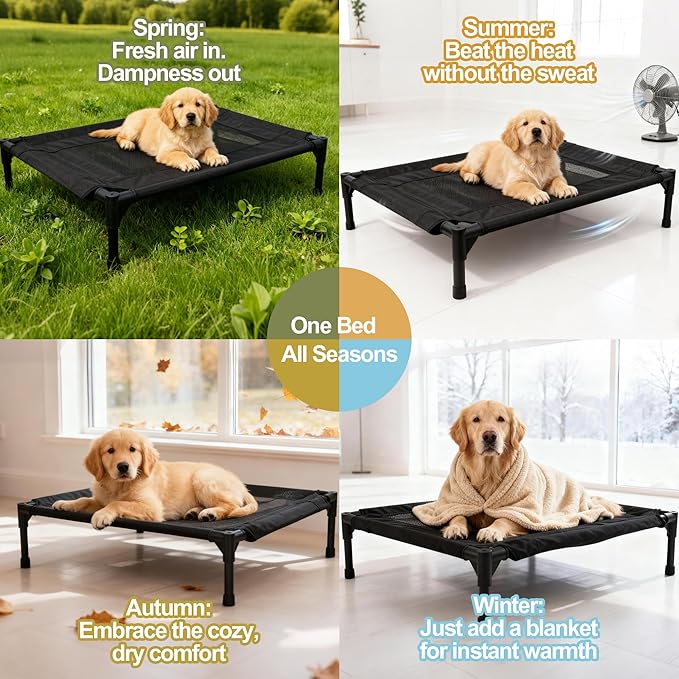 Raised Dog Bed Cooling Cot for Indoor Outdoor Use Portable Waterproof Mesh Pet Bed Washable for Large Medium Small Dogs, Black