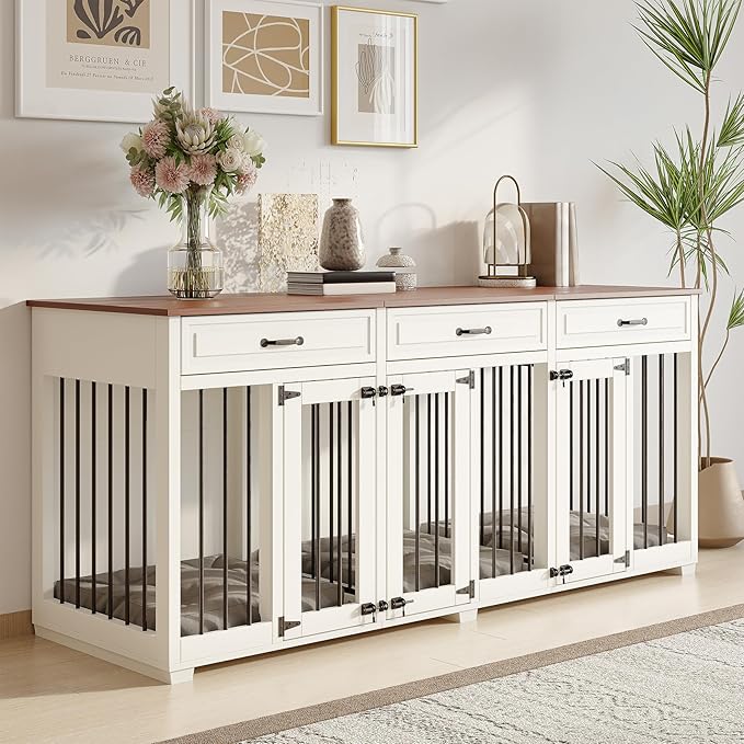 Dog Crate Furniture - Indoor Wooden Dog Kennel with 2 Dividers, 3 Drawers, and 3 Lockable Doors, 72"x23.6"x31.5"H, White