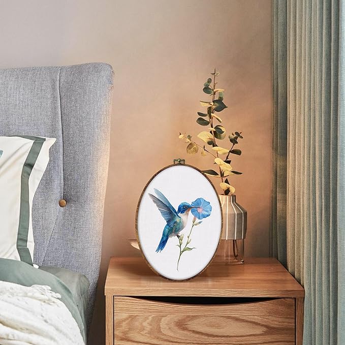 DILSJ Blue Hummingbird Floral Oval Wall Art Decor, Bird Hummingbird Canvas Wall Art Framed, Rustic Farmhouse Bird Flower Hanging Decorations for Home Living Room Bedroom, 11x8.5 Inch