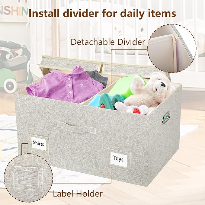 75 Quarts Extra Large Decorative Storage Bins with Lids, 3 Packs Beige Collapsible Storage Bins with Lids, Stackable Storage Bins Decorative Box Storage With Lid Extra Large