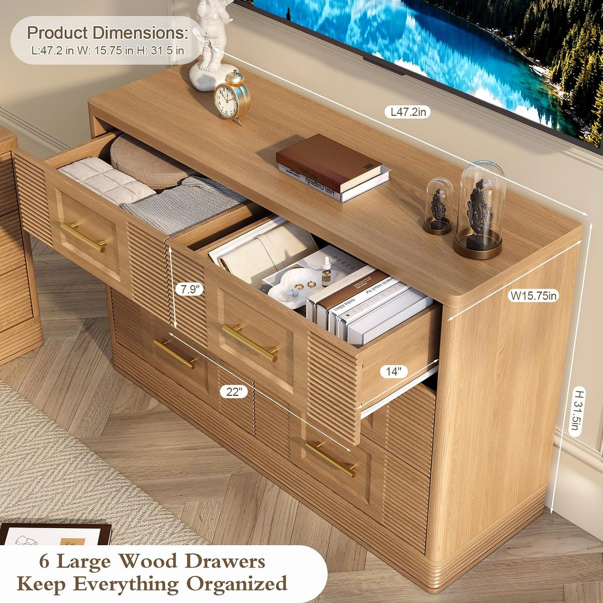 RECHHX 6 Drawer Dresser for Bedroom,Nature Oak Wooden Wide Chest of Drawers